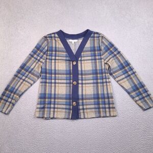 Emily Daniels Sweater Cardigan Womens Medium Blue Tan Plaid V-Neck Button Front